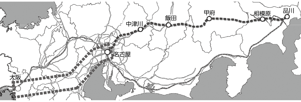 図1　リニア中央新幹線東京ー名古屋間　平成39年（2027年）開業所要時間　89分⇒40分名古屋―大阪間　平成57年（2045年）開業所要時間　48分⇒27分出典：『リニア中央新幹線と名古屋駅周辺まちづくり構想』名古屋市住宅都市局都市開発部リニア関連・名駅周辺まちづくり推進室