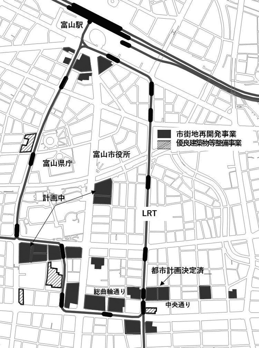 図2　富山市中心市街地の再開発<br>出典：富山市資料、『北日本新聞』（2019年6月19日付）等から筆者作成